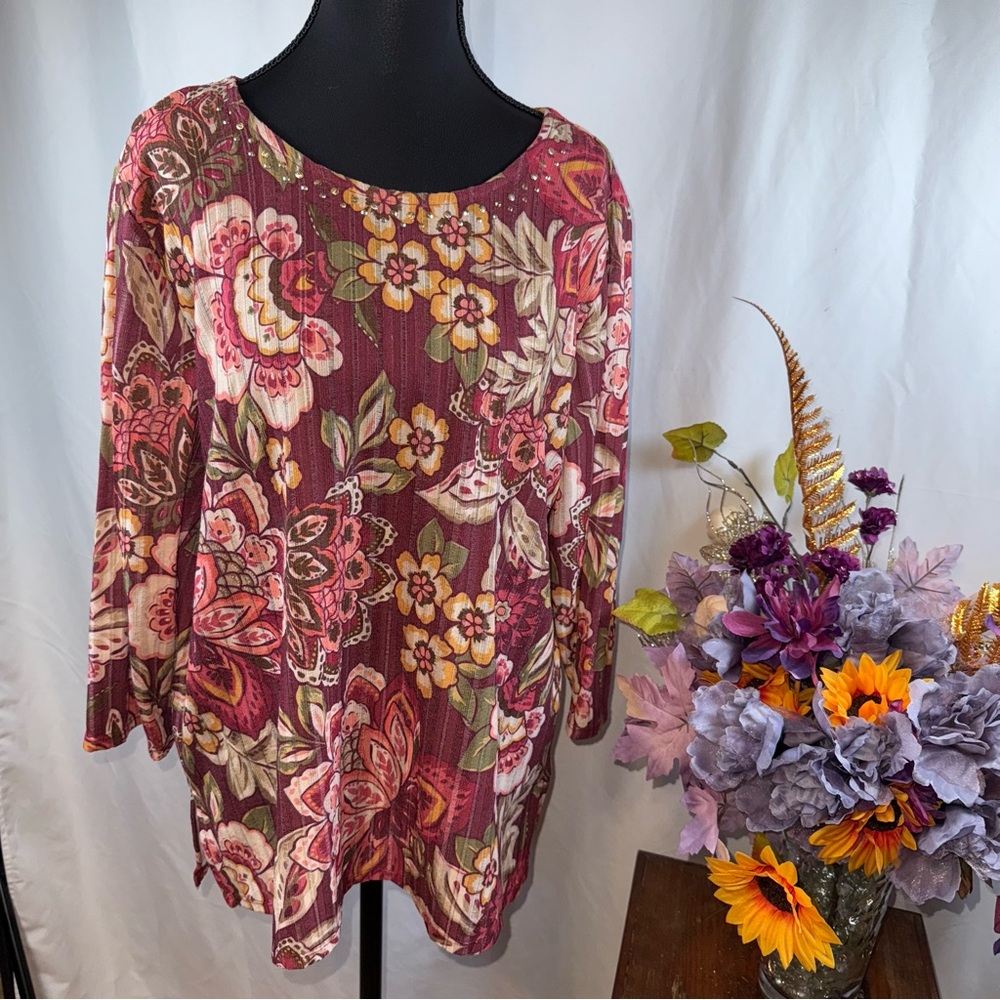 Alfred Dunner Floral Embellished Knit Top Long Sleeve Burgundy L